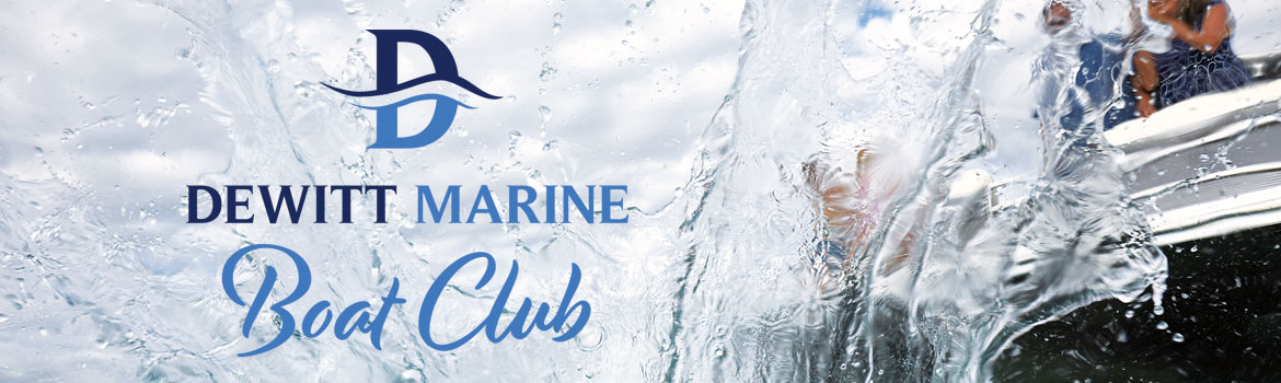 Dewitt Marine Boat Club logo in front of splashing water and a black boat on the right side.